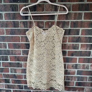 Md Vintage Bueche Gold Lace Slip Dress USA Made Sheer 90s Romantic Coquette Glam